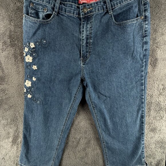 COS Jeans Denim Women Blue Size 16 Ramie Blend Floral Capri Crop ACTL 35x19.5 - Picture 1 of 15